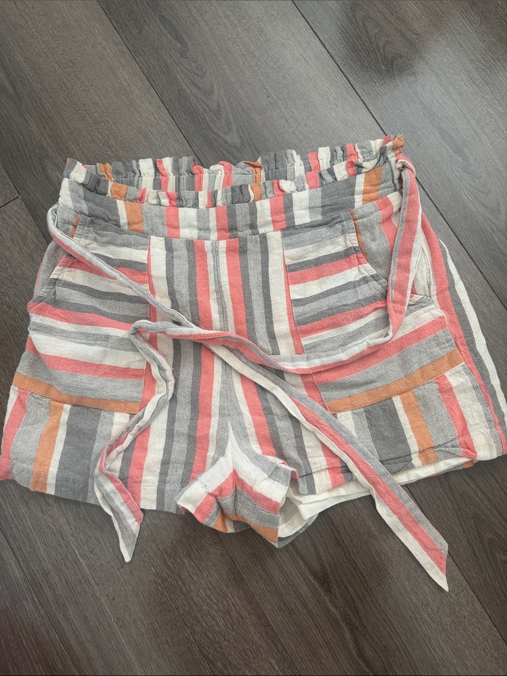 miami Striped High-Waist Tie Shorts in Coral, Gray, Orange & Cream